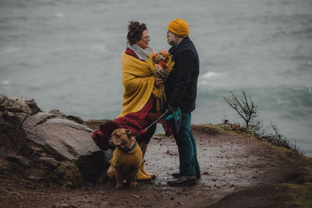 A couple in warm winter attire embraces on a stormy coastal cliff with their dog.