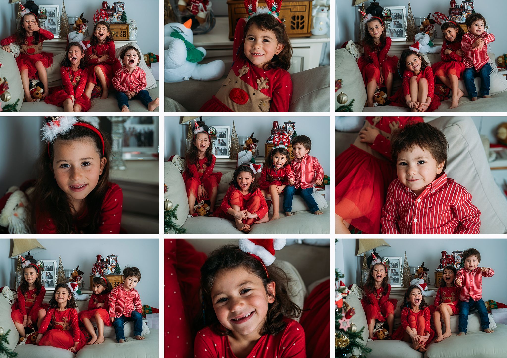 A collage of children in festive attire, featuring red dresses and shirts, surrounded by holiday decorations on a cozy sofa.