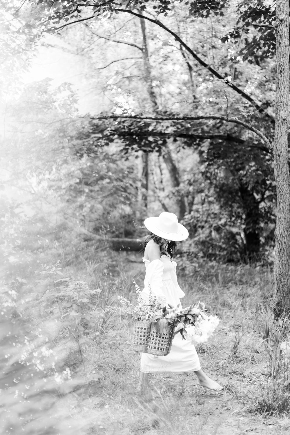 Vintage black and white photo series showing people walking through a misty wooded forest path.