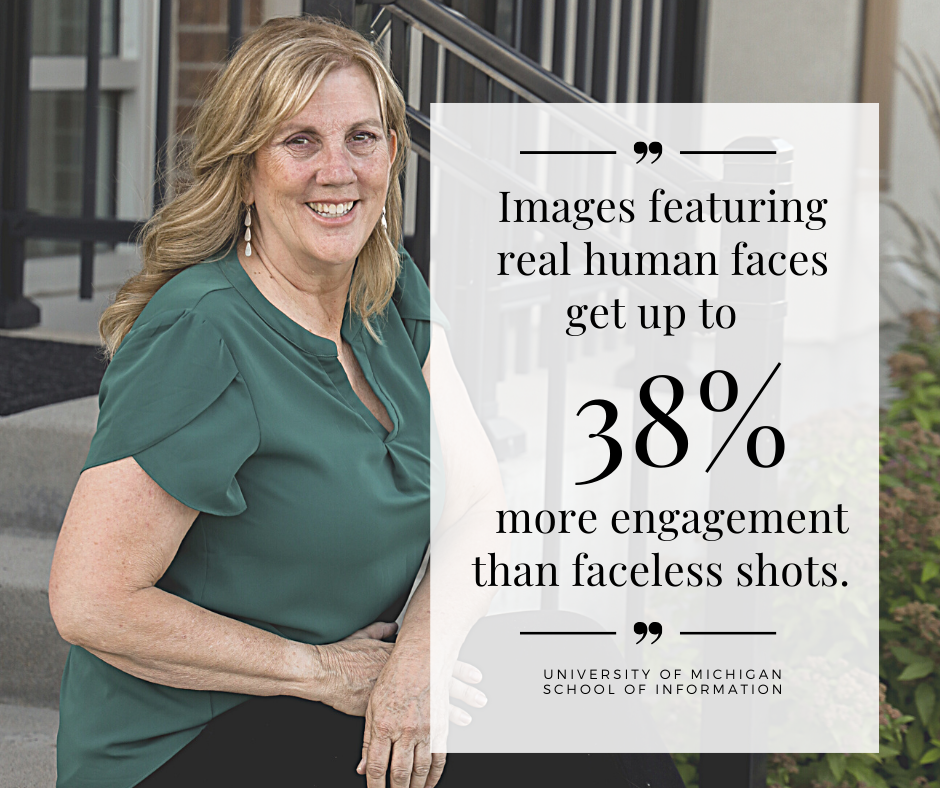 Woman in green top and tan pants poses with statistics about social media engagement shown on white backgrounds.