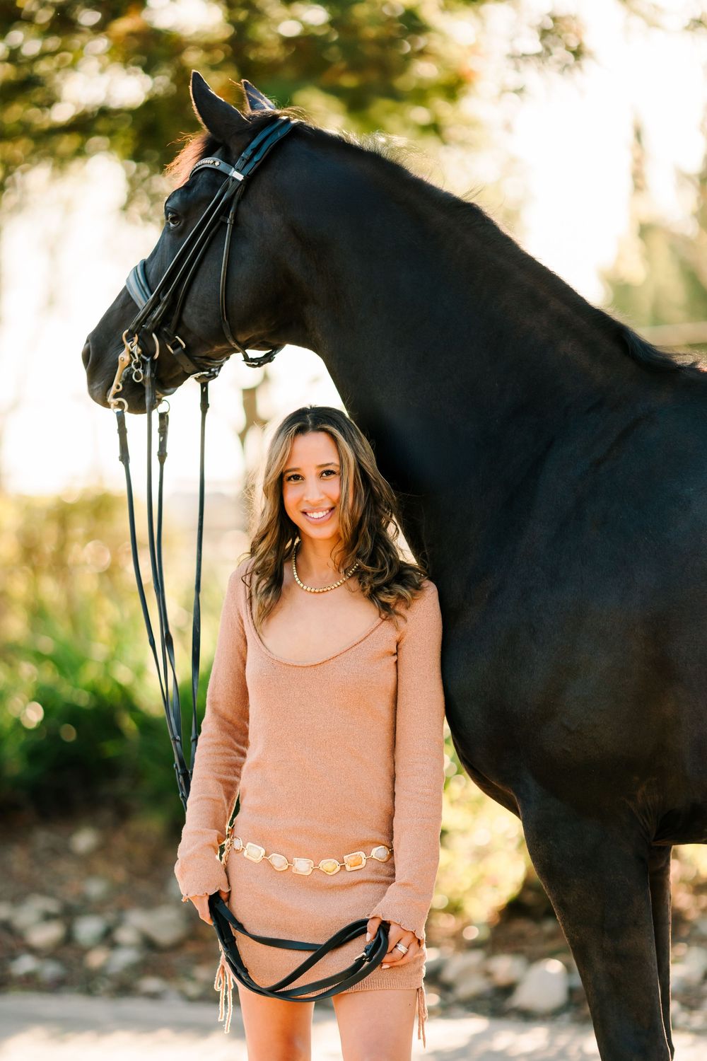 A black horse stands beside someone wearing a peach sweater in a sunlit outdoor setting.