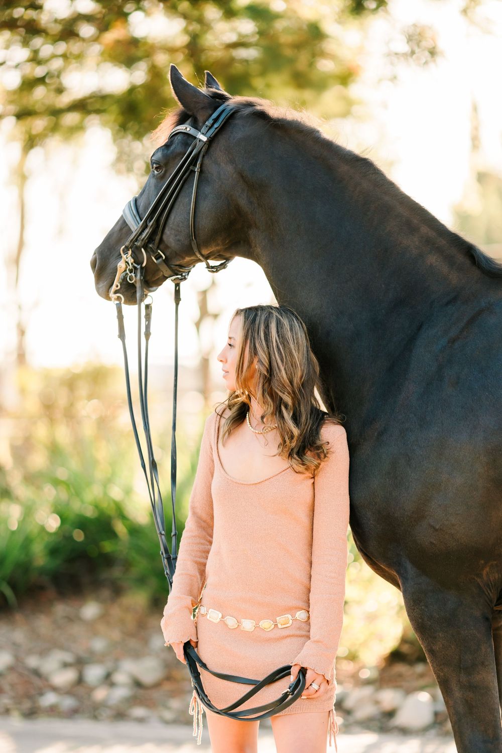 A black horse stands next to someone wearing a peach colored top in an outdoor setting with golden lighting.