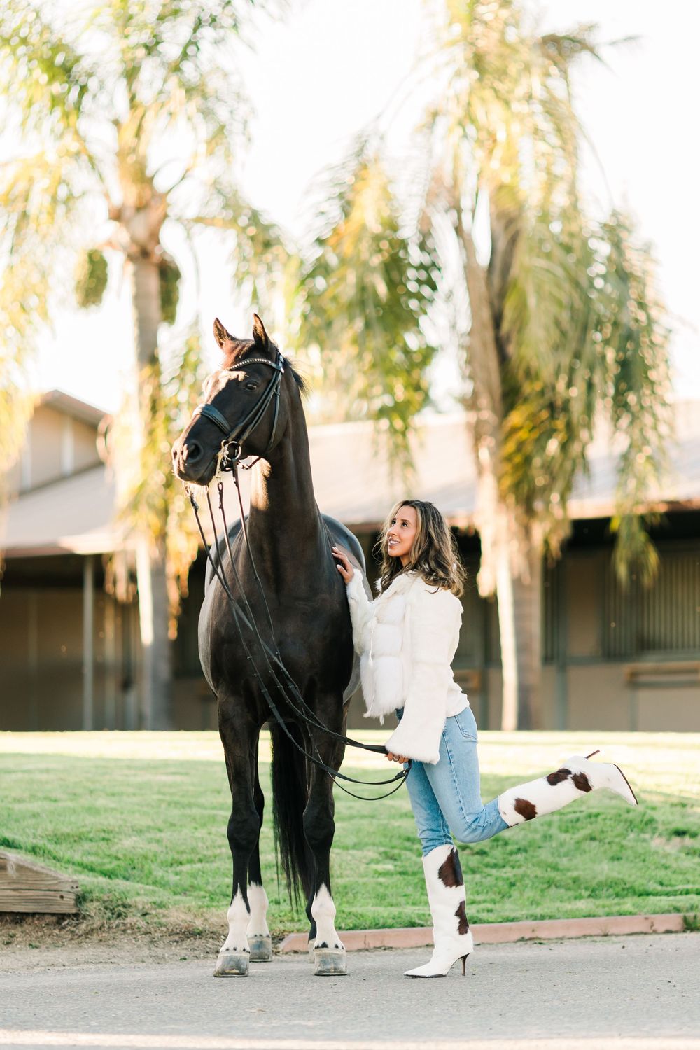 Person in casual attire interacting with a black and white horse against a backdrop of palm trees.