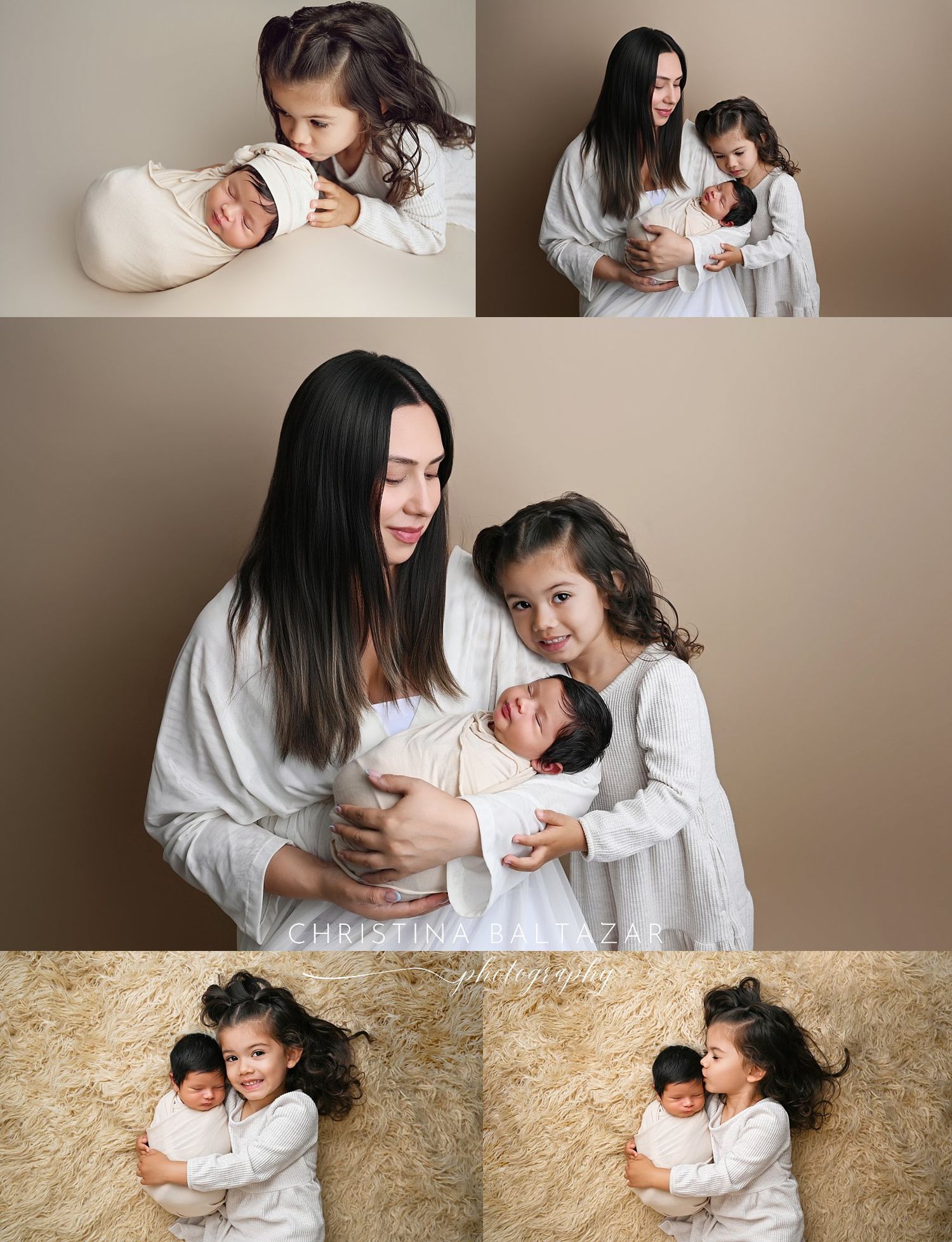 Family members wearing cream cuddle and smile together during an intimate family studio newborn session in Lemoore, CA.