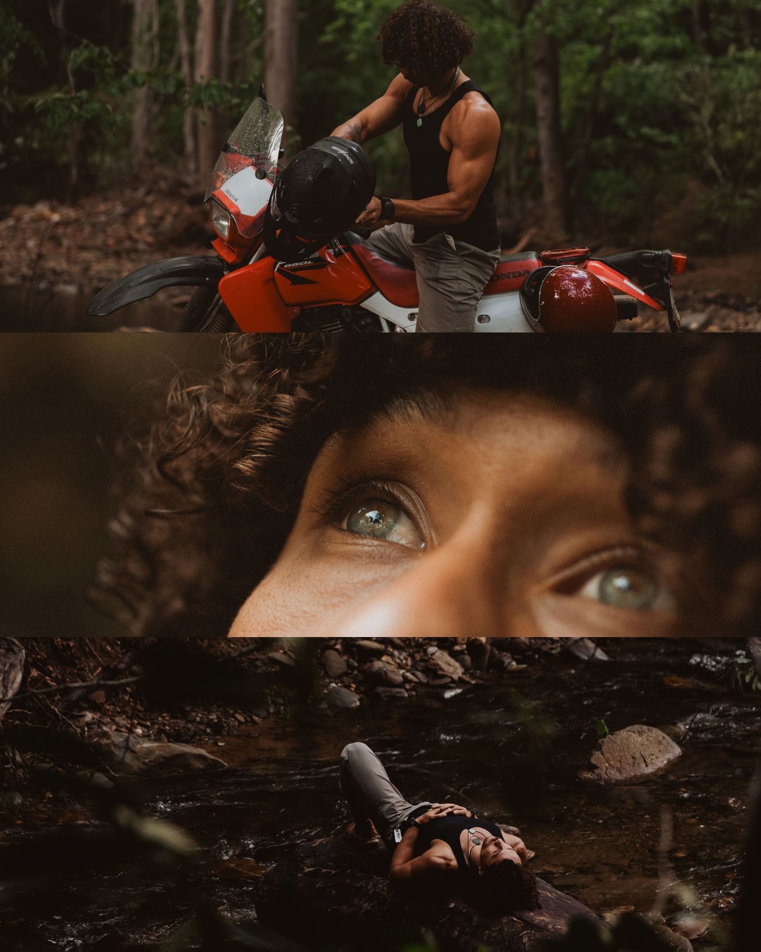 A creative triptych photo featuring a motorcyclist in the woods, close-up eyes, and hands grasping handlebars in nature.