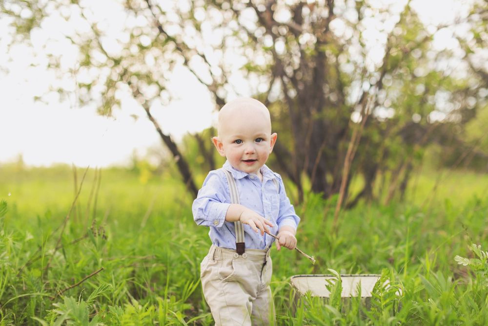 A young child in suspenders and light blue shirt stands happily in a sunny meadow with tall grass and bushes.