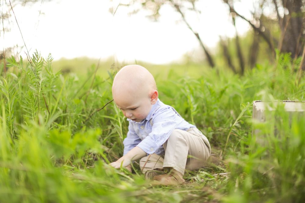 A baby crawls through lush green grass on a sunny spring day.