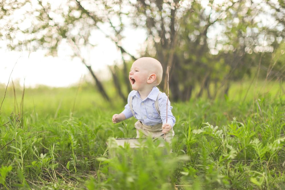 Laughing toddler in blue shirt plays in tall grass during golden hour outdoor photo session.