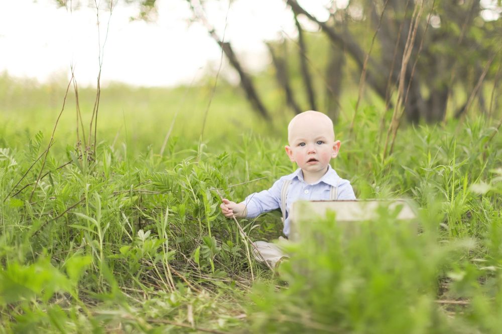 Baby in light colored outfit sits among wildflowers and grass in sunlit outdoor setting.