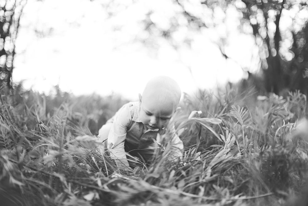 A black and white photo shows a figure crouching in tall grass exploring nature during sunset.