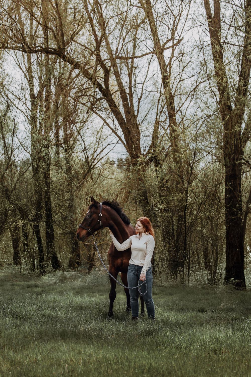 A person in a white sweater stands with a brown horse in a tranquil wooded setting during golden hour.