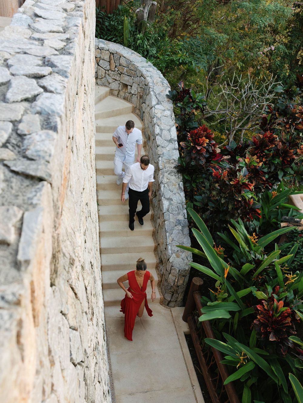 Stone stairway path with tropical landscaping leading upwards at an outdoor venue.
