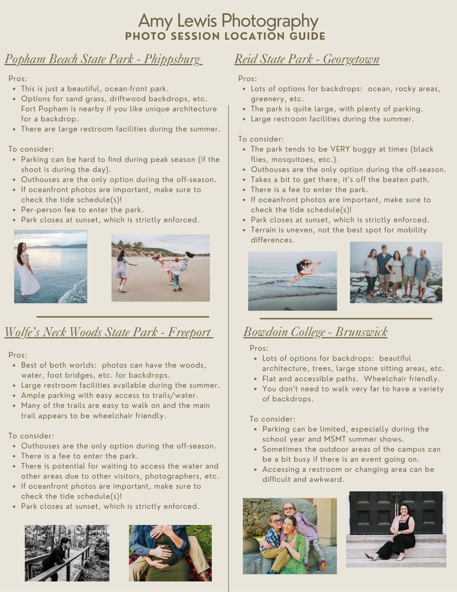 Southern Maine Portrait Photography location guide pages showing tips and rules for shooting photos at various parks and public spaces.