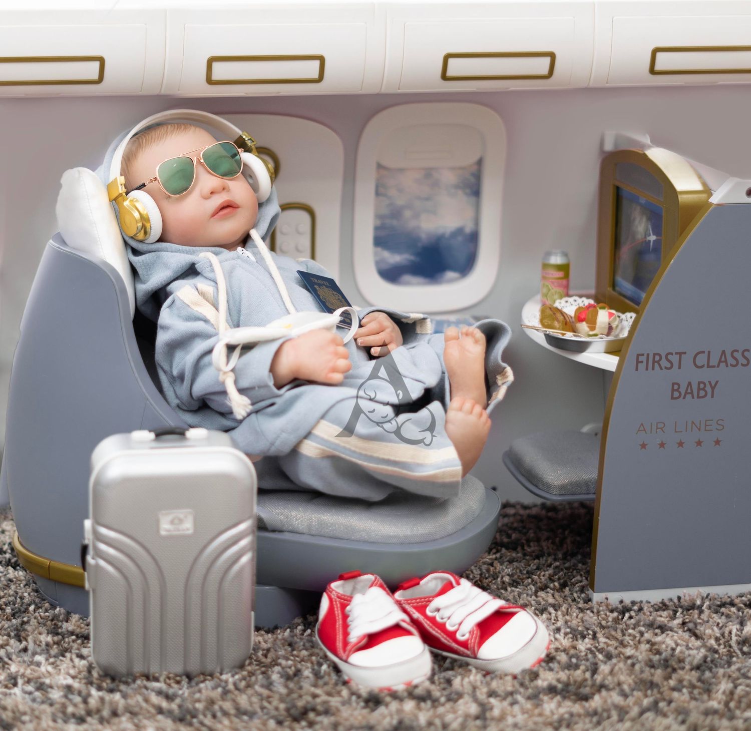 Stylish baby lounging in first class airplane seat with sunglasses, headphones and carry-on luggage.