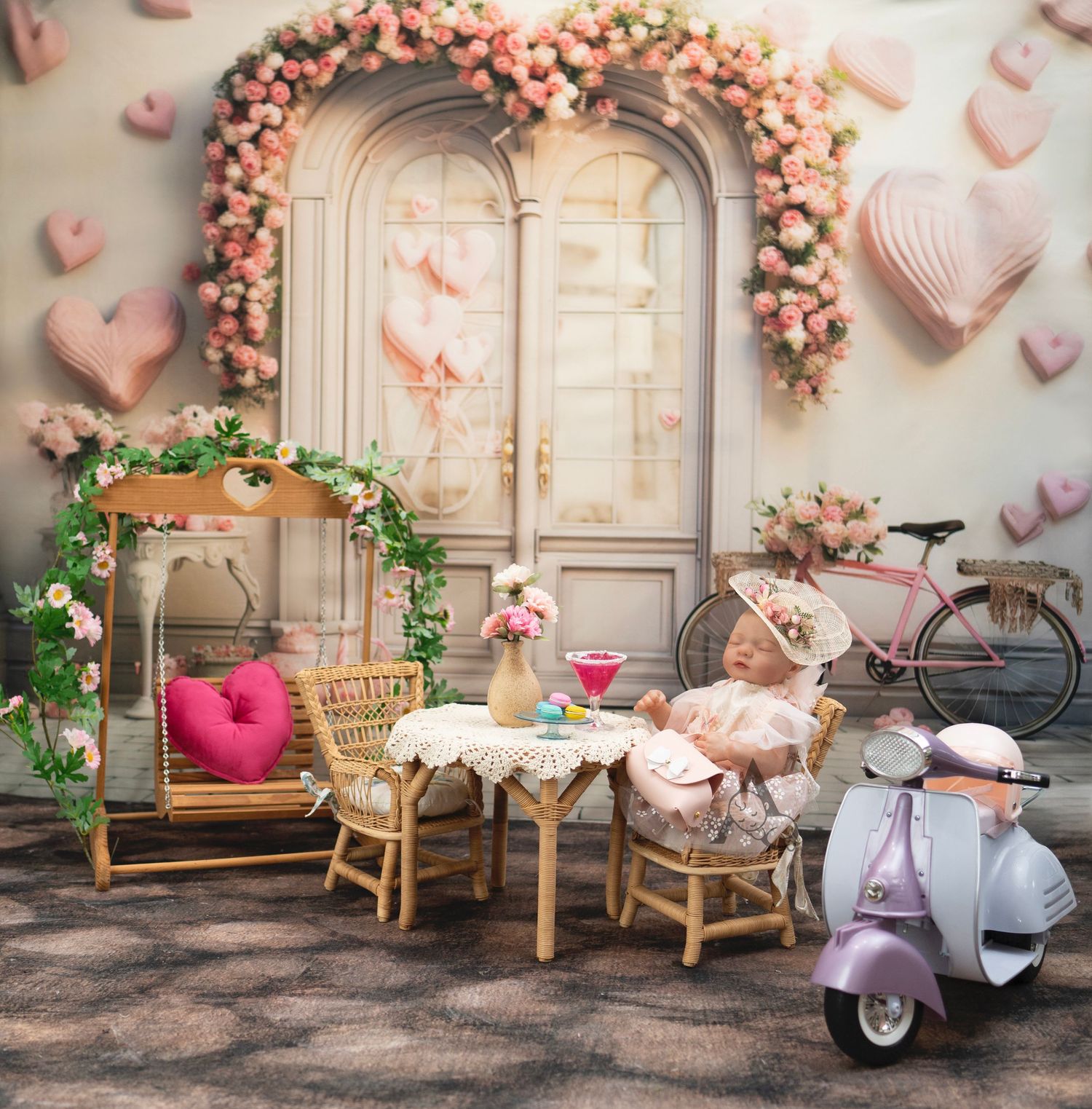 Vintage romantic garden scene with pink floral arch, vespa scooter, and wicker furniture.