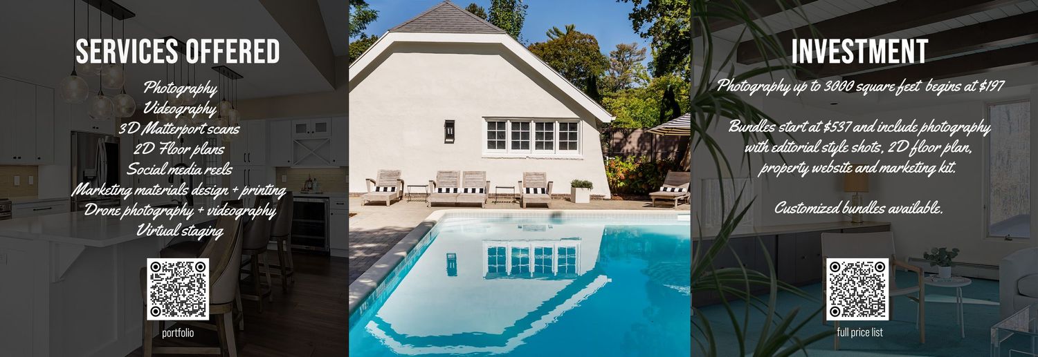 Modern poolside guest house with lounge chairs, shown beside pricing info for real estate photography bundles and services.
