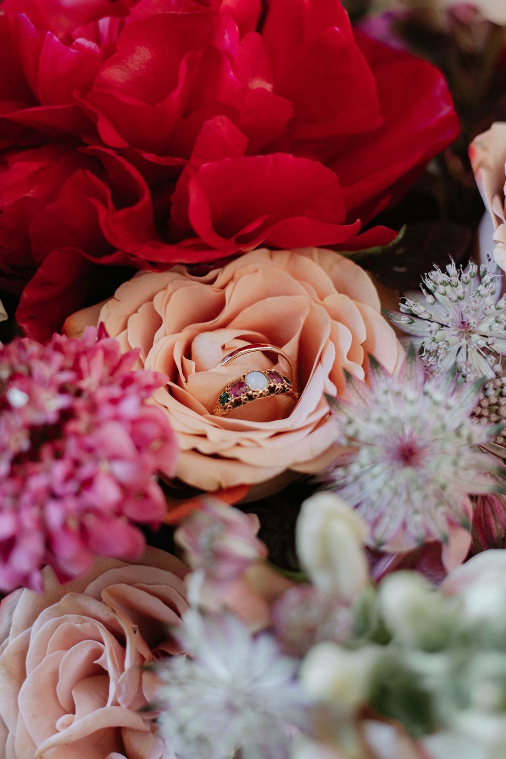 Diamond engagement ring nestled in a blush pink rose surrounded by red roses and delicate white flowers.