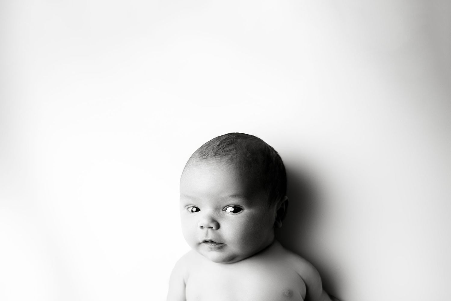 Black and white portrait of a baby looking into the camera against a plain white background.