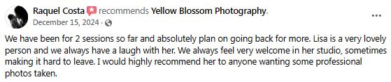 A positive customer testimonial comment praising the photography services and professionalism of Yellow Blossom Photography.