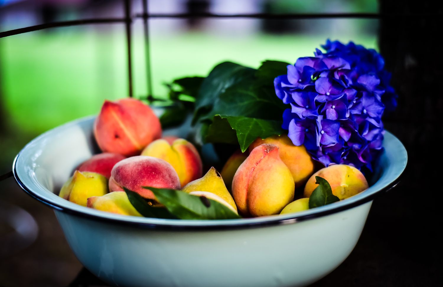still life peaches hydrangea with paint effect