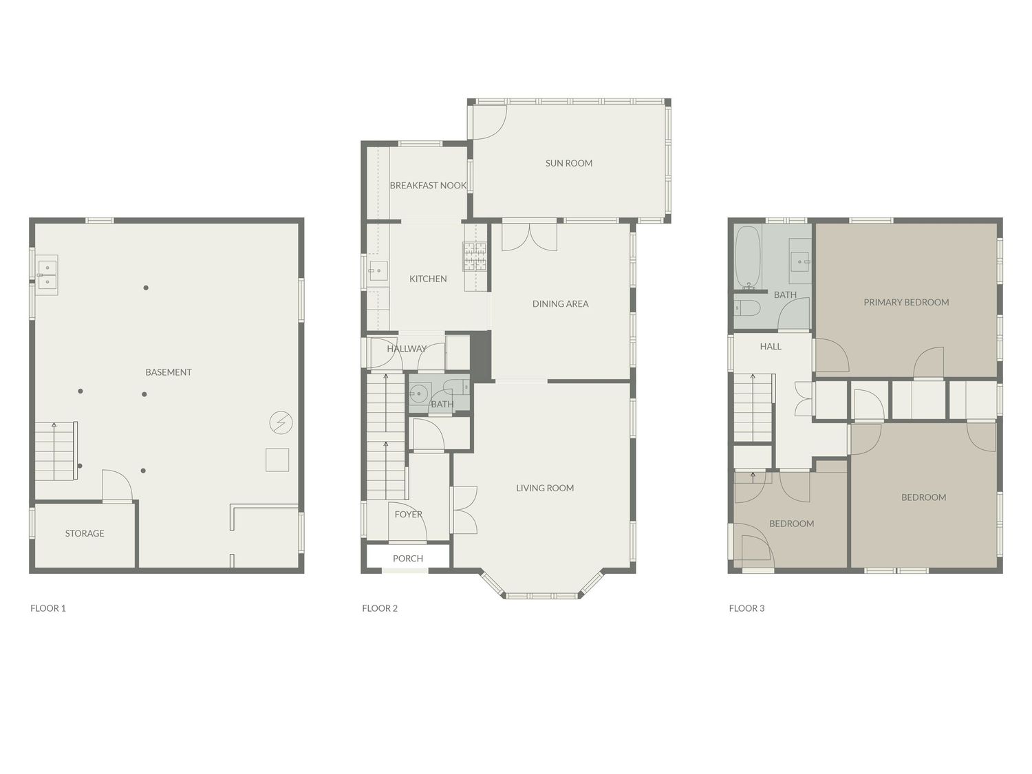 Three-story floor plan with labeled basement, main living areas on the second floor, and three bedrooms on the third floor.