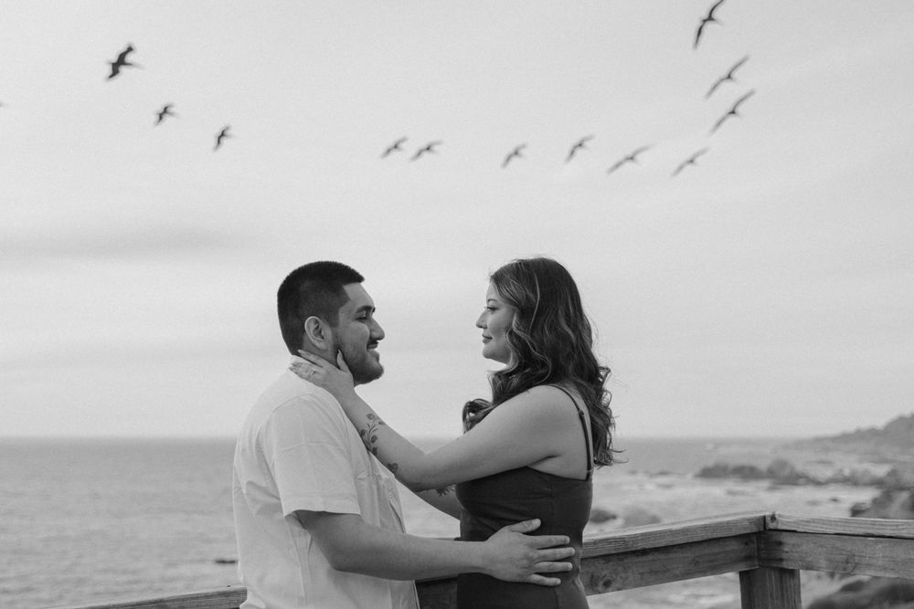 A couple embraces against a coastal backdrop with birds flying overhead in black and white.