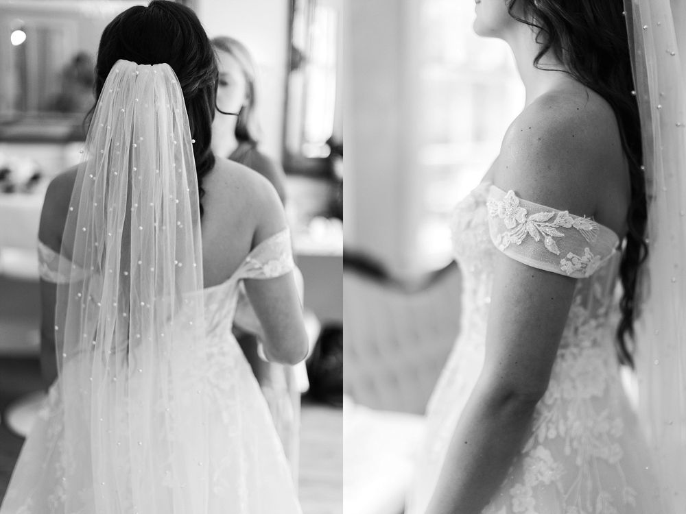 Black and white split image showing details of a wedding dress and veil.