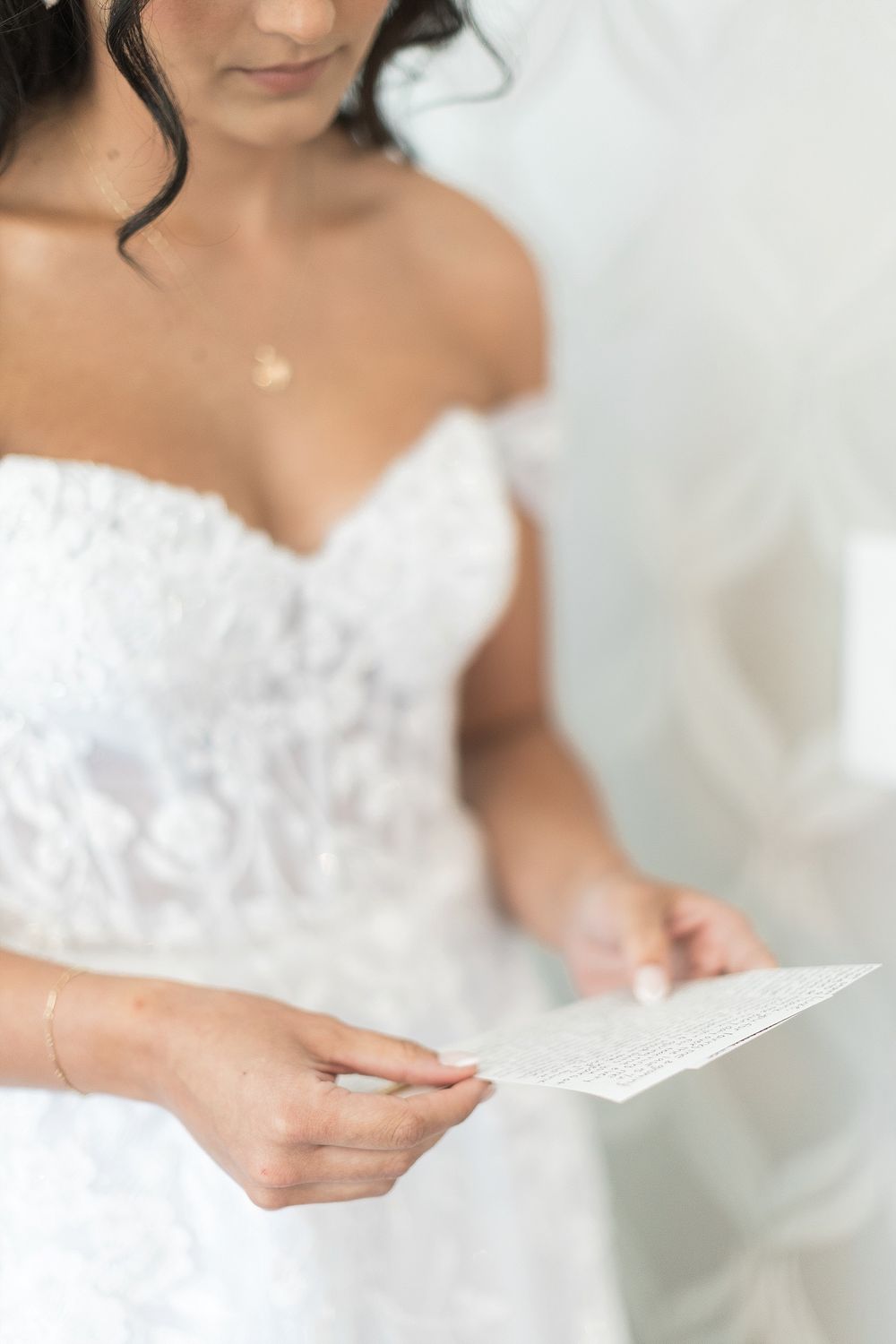 Close-up of a bride in lace dress holding a piece of paper.