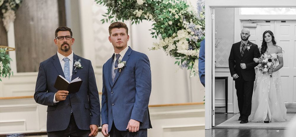 Wedding party members in navy blue suits pose on church steps.