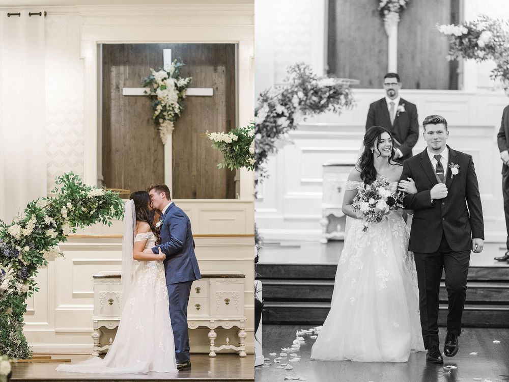 Side-by-side wedding photos showing couple at church altar with floral decorations.