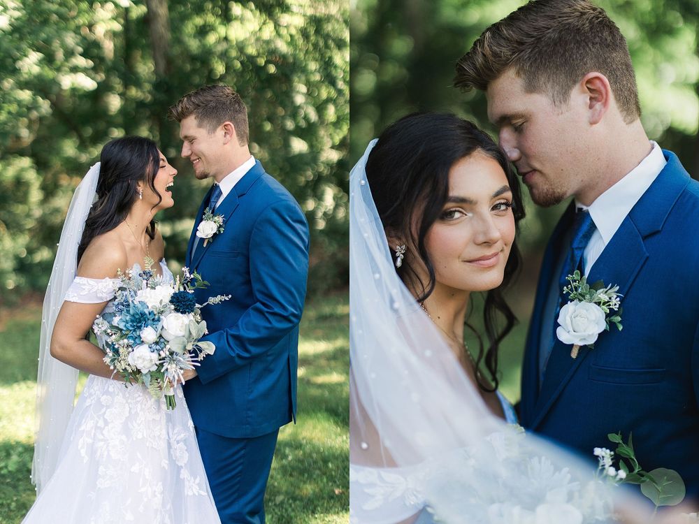 Beautiful wedding portraits featuring blue and white floral details in outdoor garden setting.