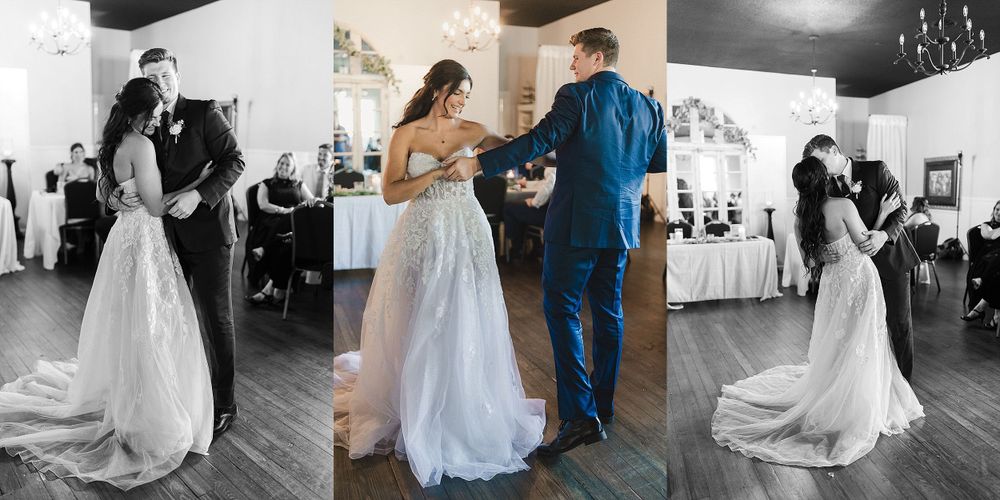 Wedding dance collage showing three romantic moments in black and white and color.