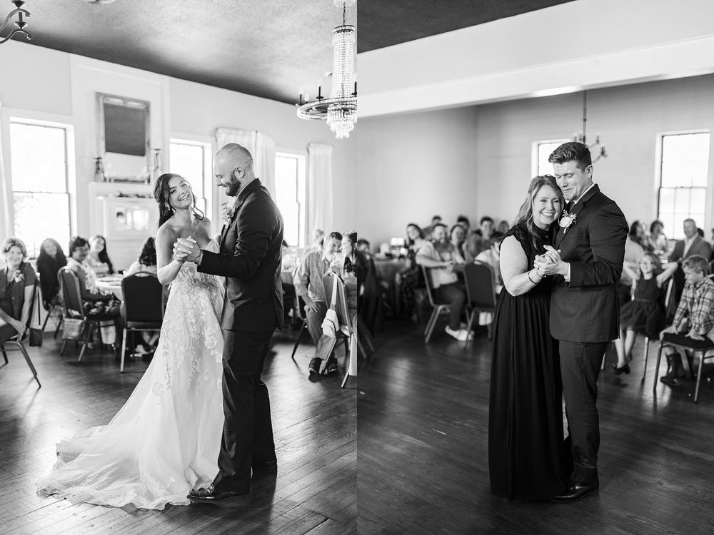 Couples slow dance together at a wedding reception in a bright ballroom with guests seated in the background.
