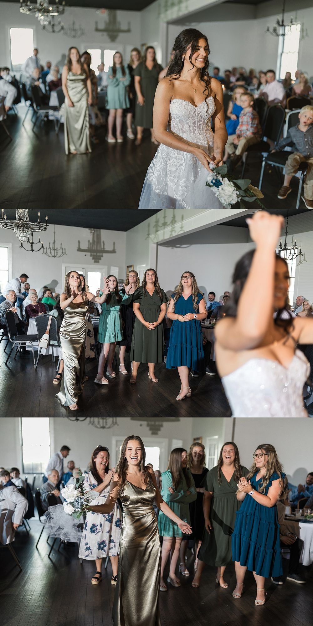 Wedding guests gather for bouquet toss tradition in an elegant indoor venue.