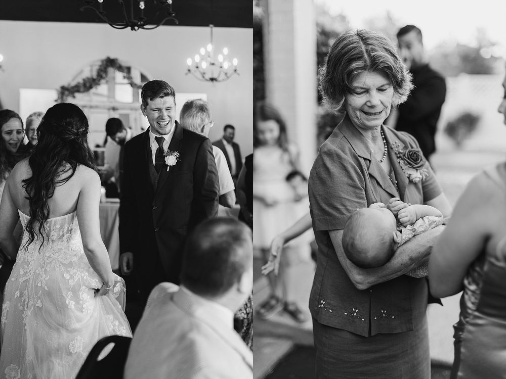 Black and white wedding reception photos showing joyful moments between guests.