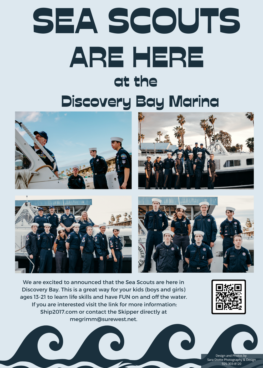 Collage of Sea Scouts program activities at Discovery Bay Marina with navy-style uniforms.