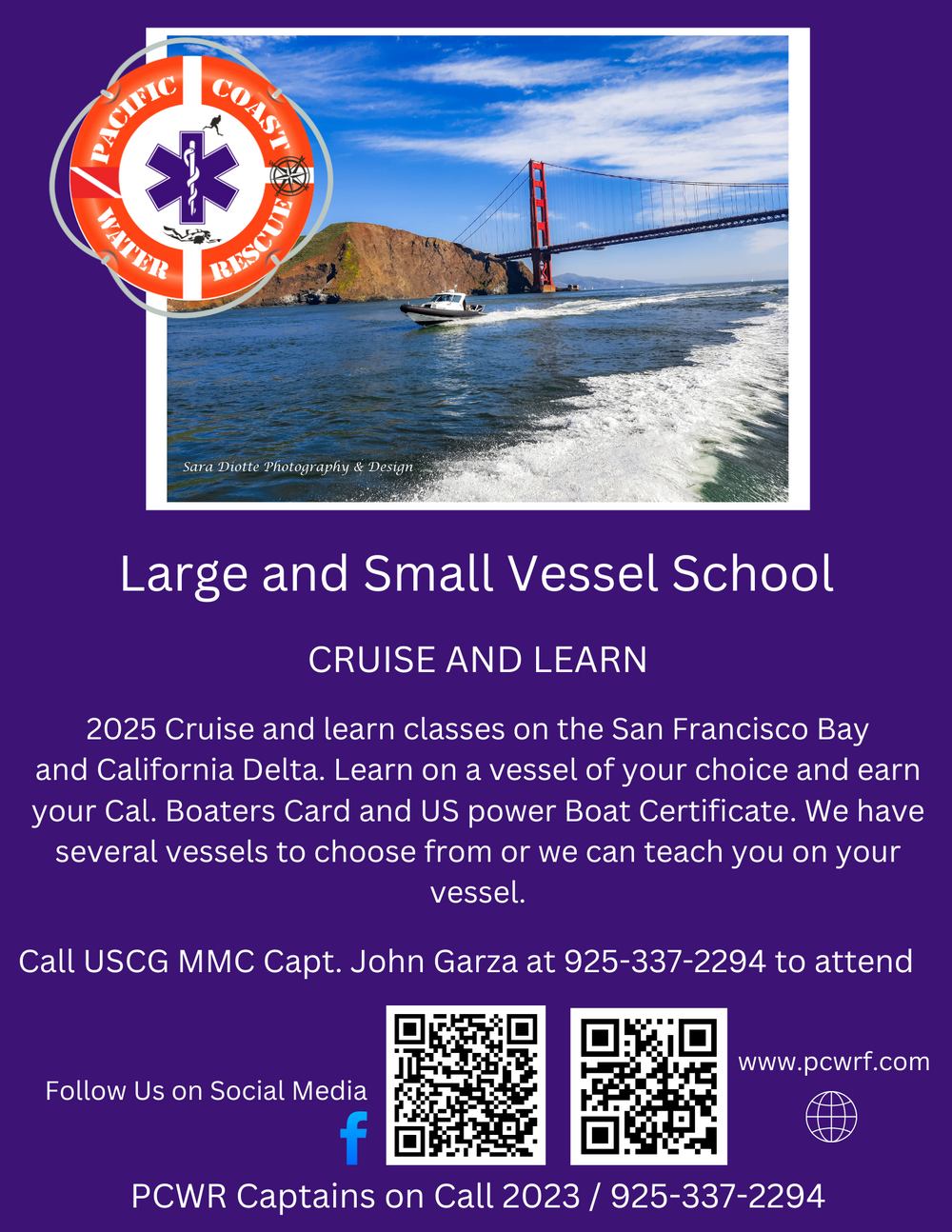 Advertisement for boat school classes on San Francisco Bay featuring the Golden Gate Bridge.