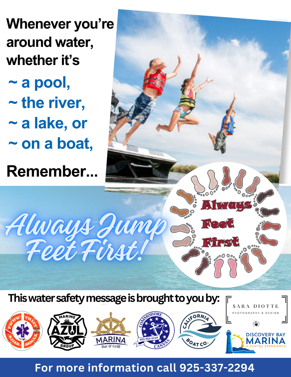 Water safety poster showing people jumping off a boat with text 'Always Jump Feet First' and organizational sponsor logos.