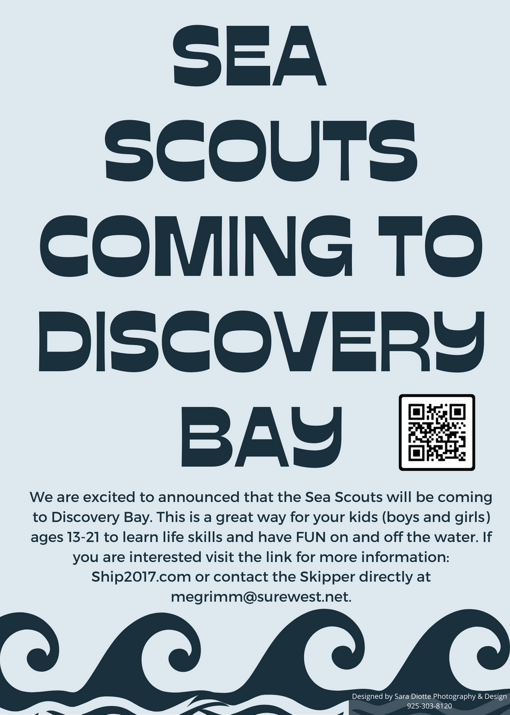 Text announcement for Sea Scouts program coming to Discovery Bay with black wave graphics.