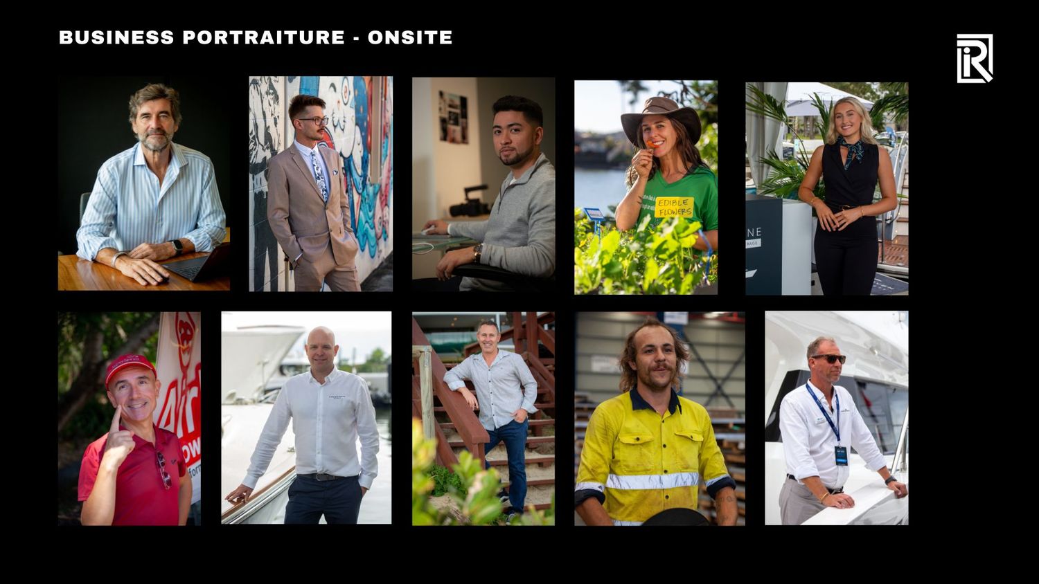 A collection of outdoor business portraits showing people in various casual and professional settings.
