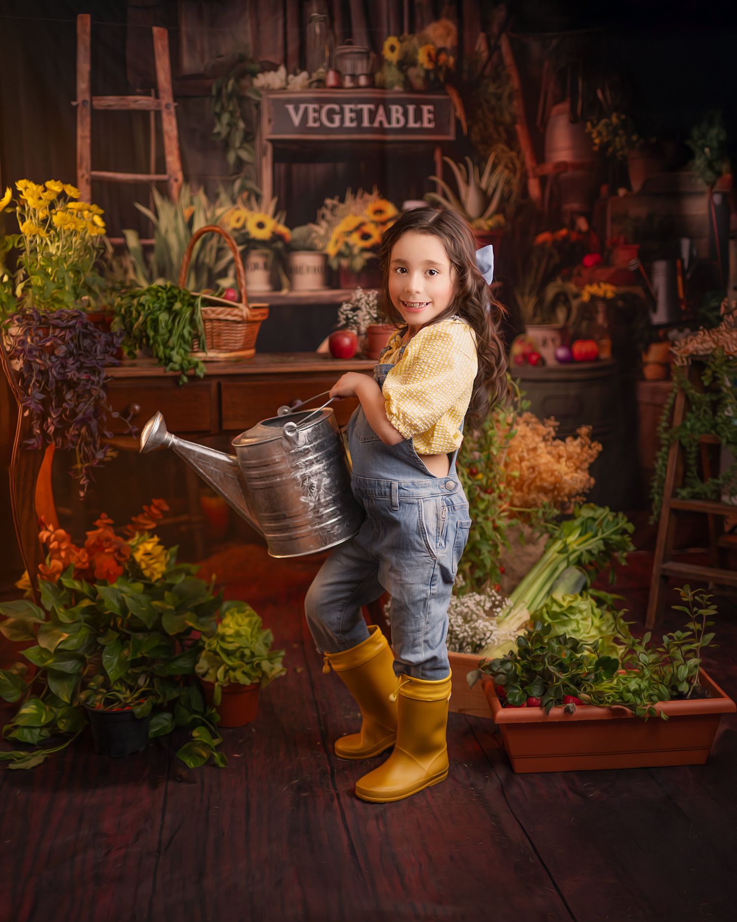 Young gardener in overalls and yellow boots carries watering can in rustic vegetable stand setting with autumn flowers.