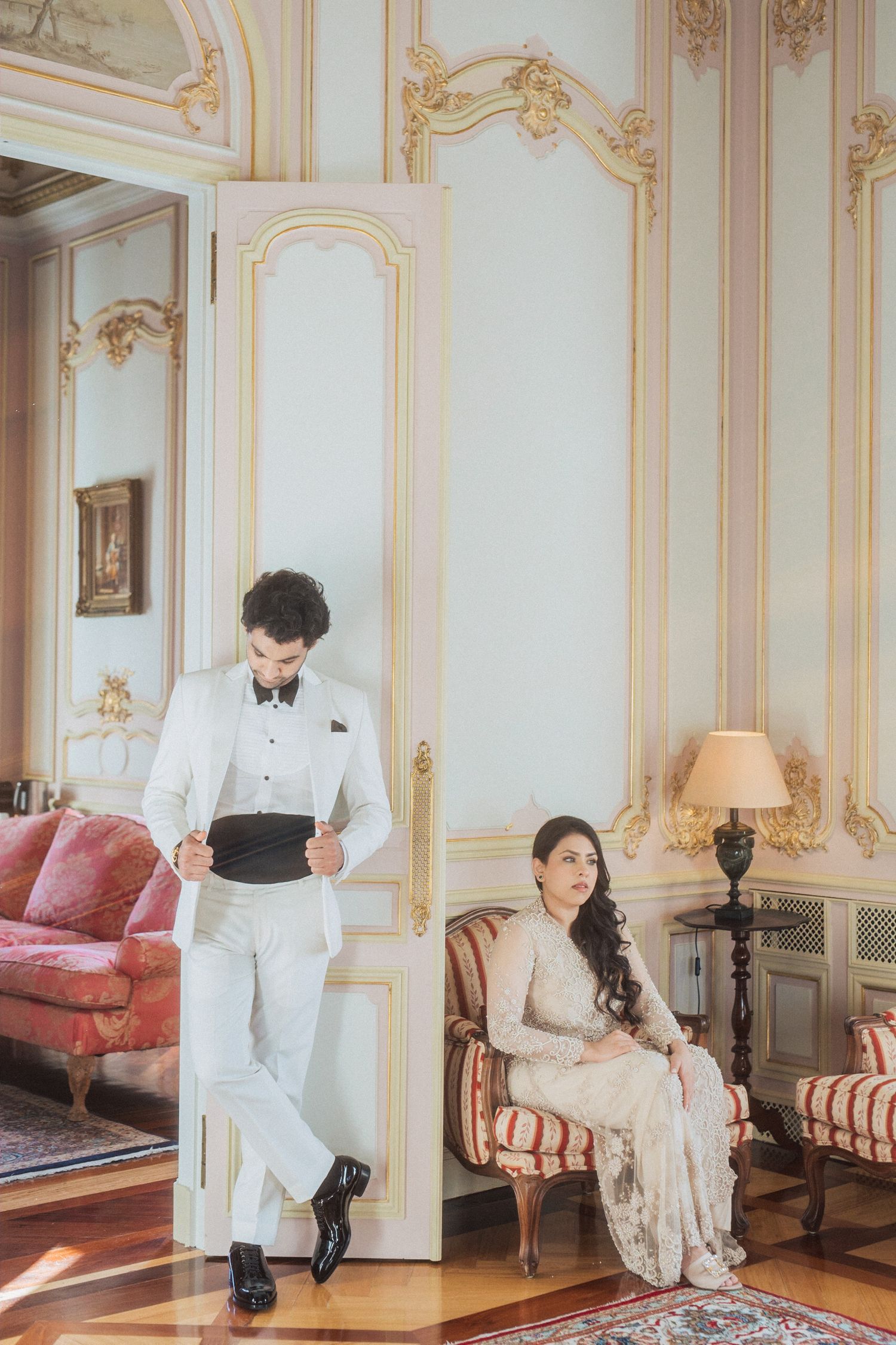 Styled destination engagement photography at Pestana Palace, Lisbon, by a portugal wedding photographer
