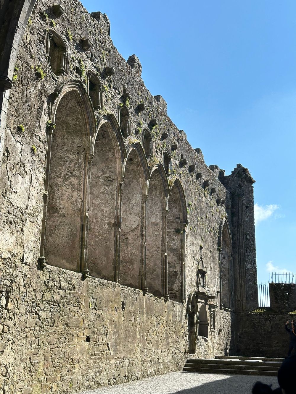 Ancient stone wall with Gothic arched windows and decorative elements at the Rock of Cashel medieval castle in Ireland.