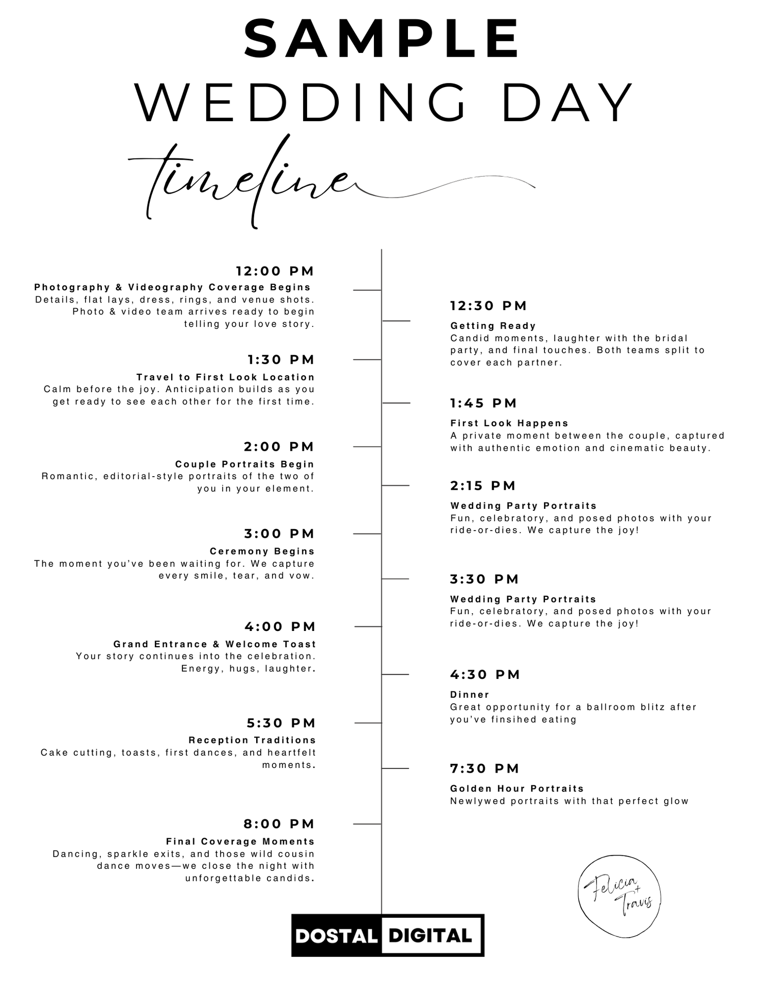 A minimalist black and white wedding day timeline showing schedule of events from 10:00 PM to 7:30 PM with elegant script font.