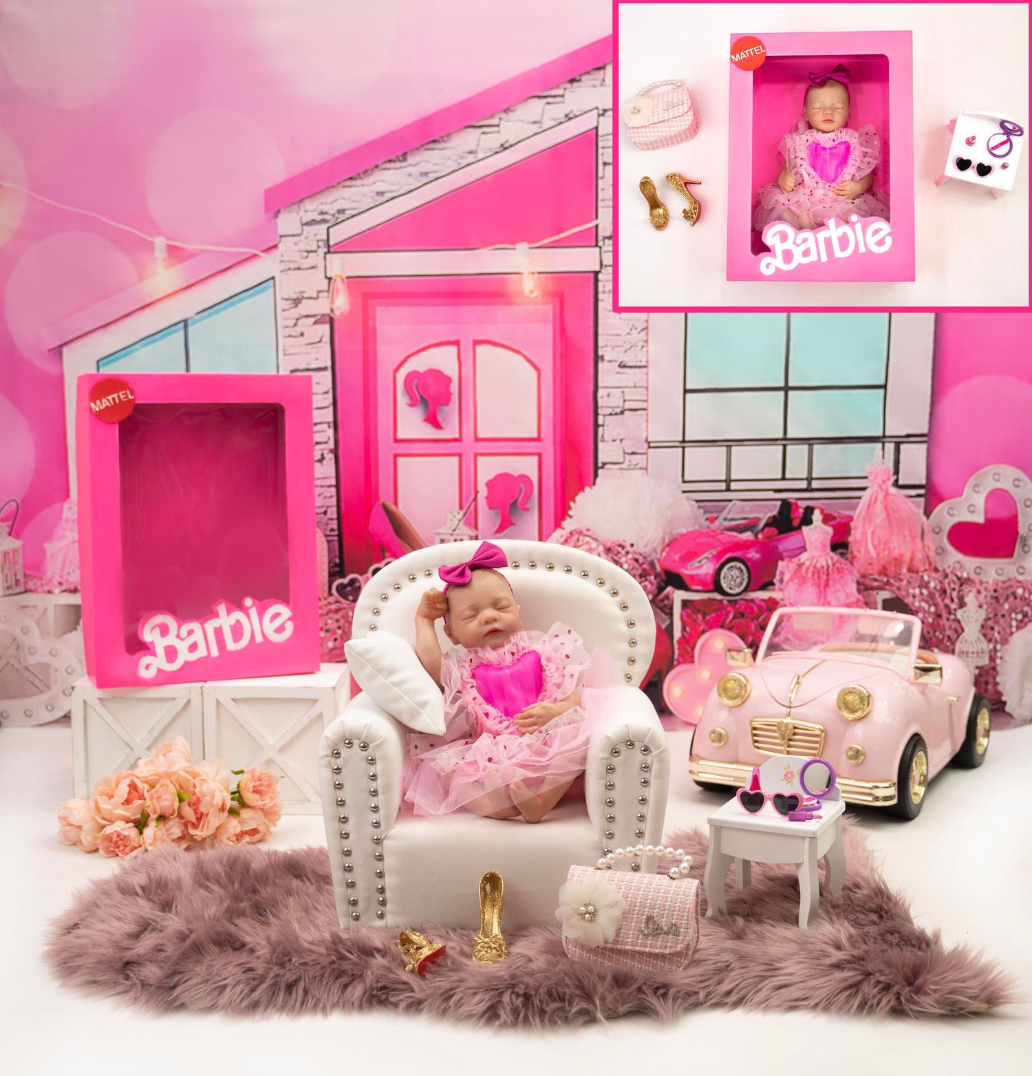 Pink Barbie dollhouse display with miniature furniture, car and decorative elements on a fluffy gray rug.