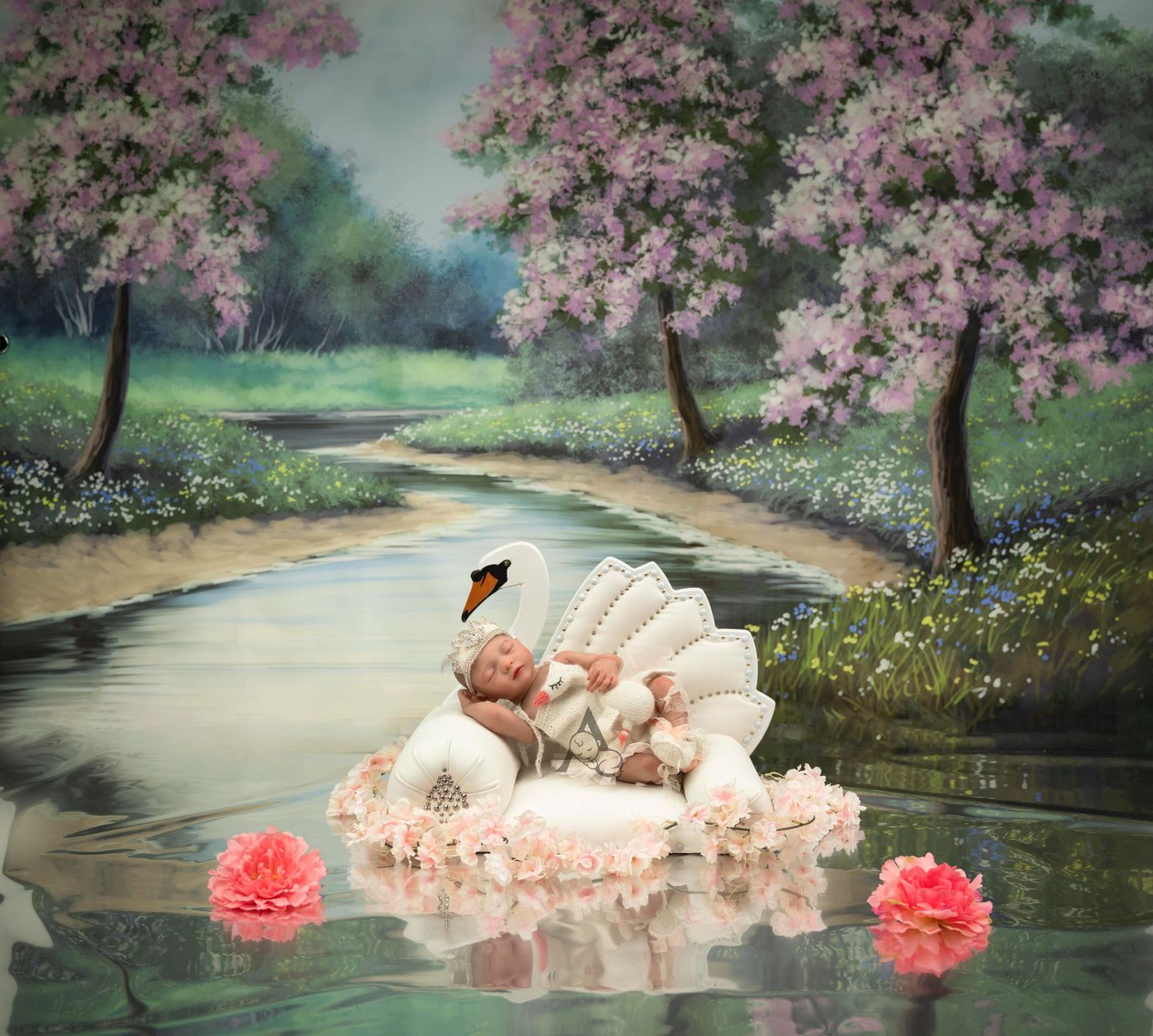 Dreamy spring scene with cherry blossoms and lotus flowers along a peaceful stream.