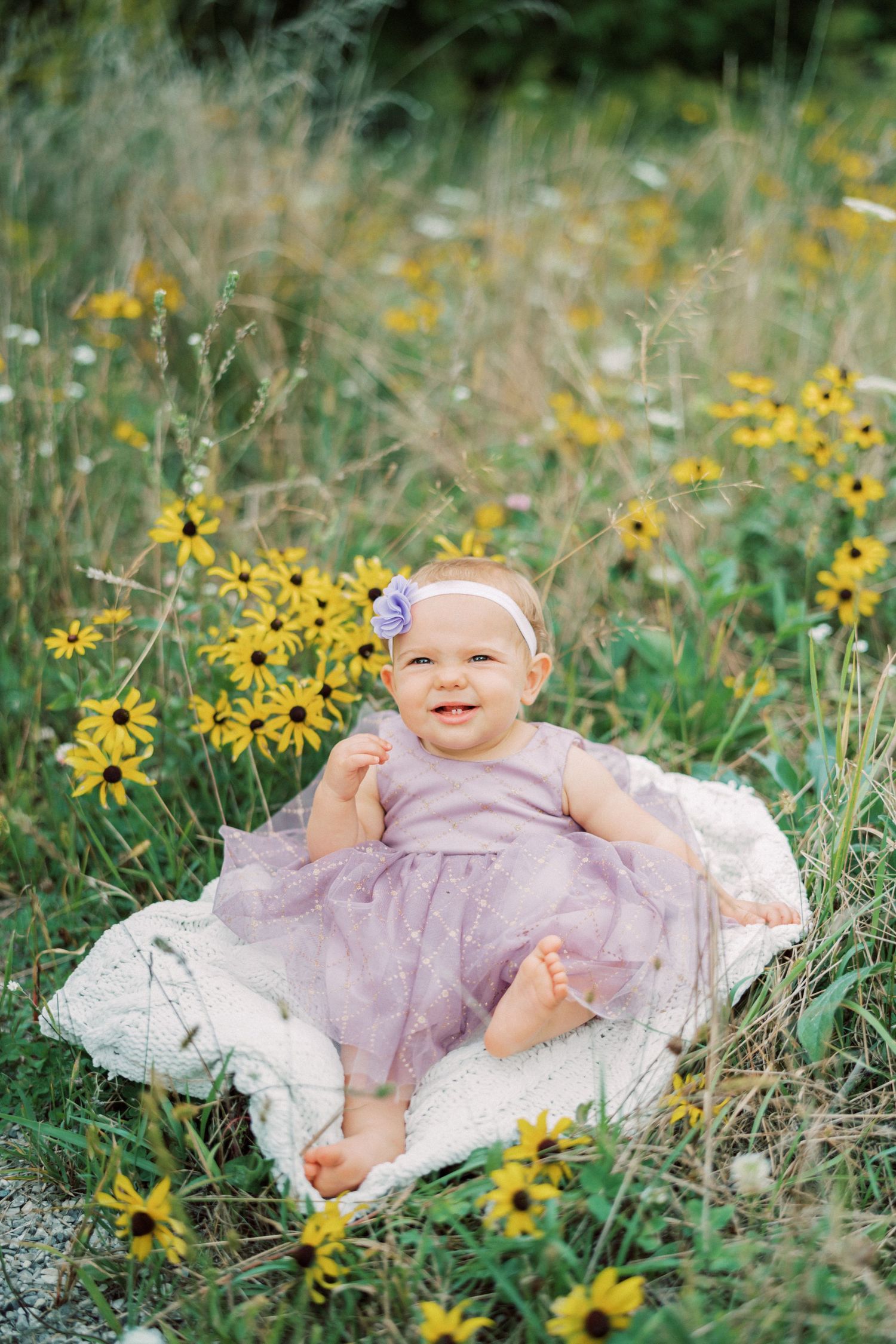 Baby in sparkly purple dress sitting on blanket surrounded by yellow wildflowers outdoors.