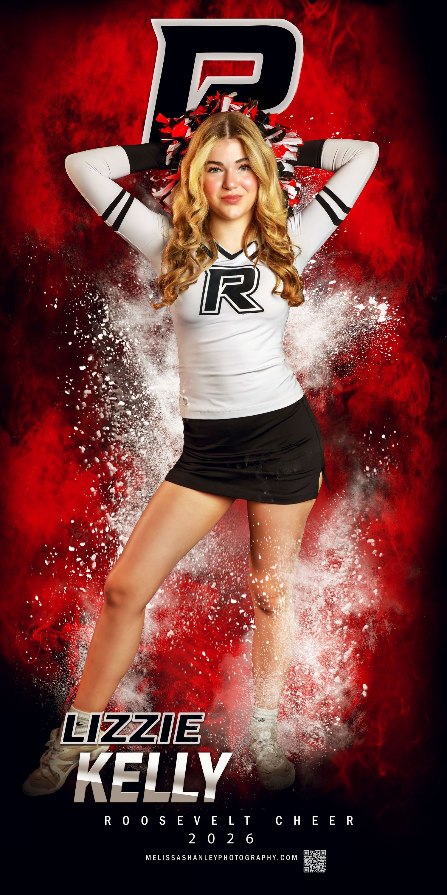 Cheerleader in dark uniform leaps through dramatic gold powder explosion effect against black background.
