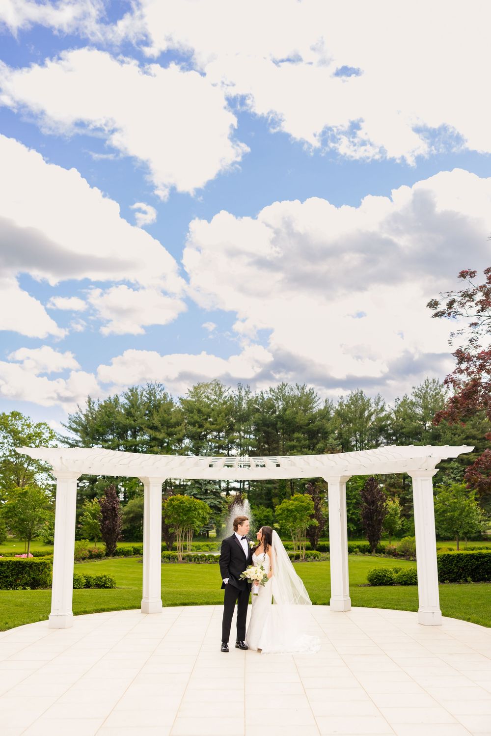 A panoramic view of a white pergola structure on a lush green lawn under a bright blue sky with puffy clouds.