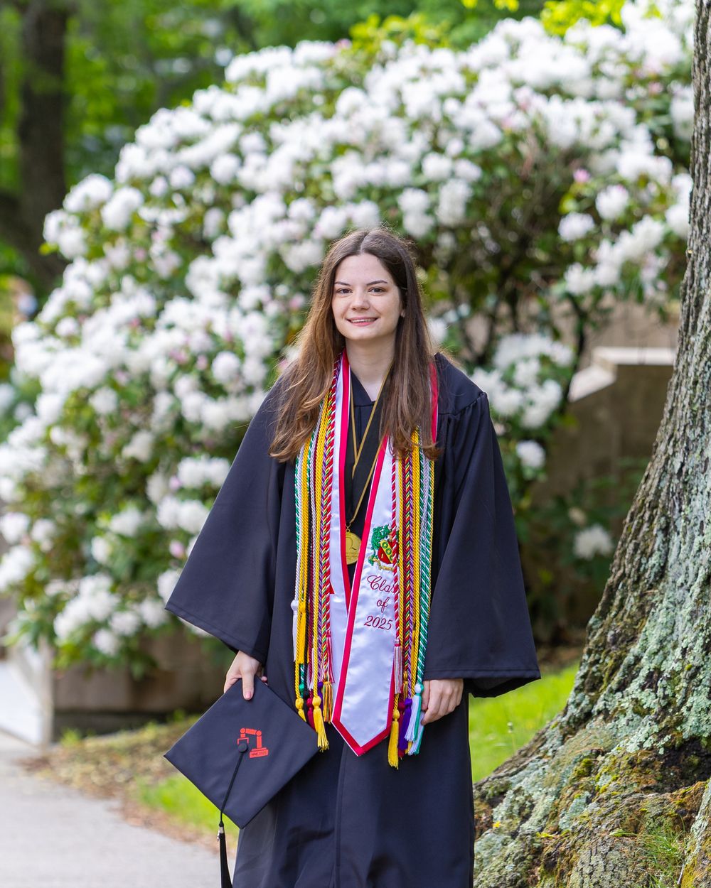 Graduate posing outdoors in black cap and gown with decorative cords against flowering white bushes and trees.